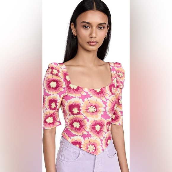 Free People Floral Puff Sleeves Cut Out Back Crop Top Pink Size XS - Picture 12 of 12